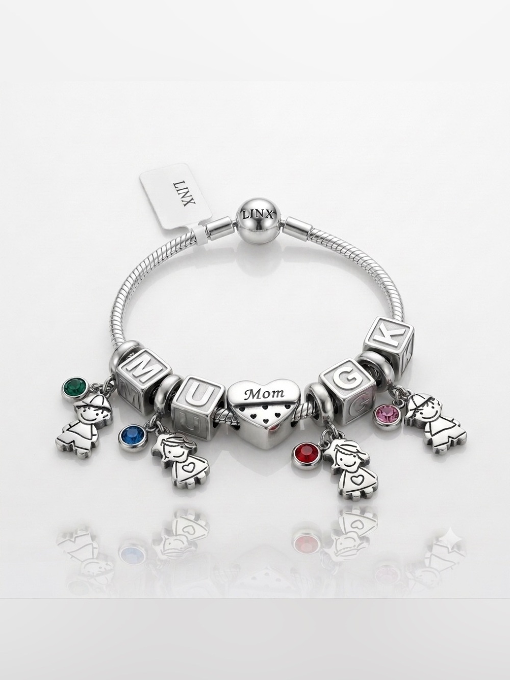 Linx Snake Chain Bracelet with Kids/Grandkids Initials and Birthstone Charms